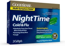 GoodSense Nighttime Cold & Flu Softgels, Relieves Aches 24 Count (Pack of 1) 