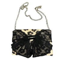 RED VALENTINO Black Leopard Lace Bow Gold Chain Clutch Bag Purse