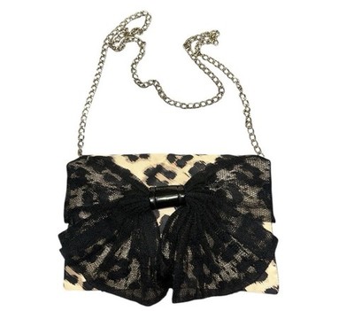 RED VALENTINO Black Leopard Lace Bow Gold Chain Clutch Bag Purse