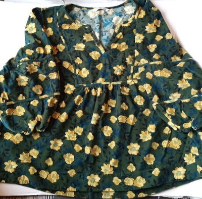 Sonoma 3X Green Yellow Floral Corduroy Peasant Top, notch neck, long sleeves