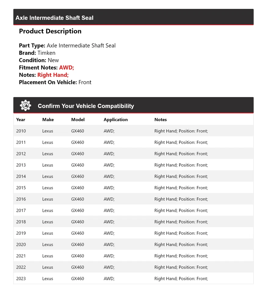 Para Lexus GX460 2010-2023 AWD eje eje intermedio sello delantero Timken 2011 Foto 2 de 4