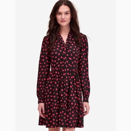 KATE SPADE New York Heartbeat Tie Neck Shirtdress Black Pink Hearts Heart 10 - Picture 4 of 13