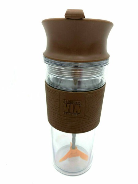 Starbucks Via Ready Brew 16 Oz Mixing Tumbler Clear Brown Swirl Mixer Coffee Cup for sale online 