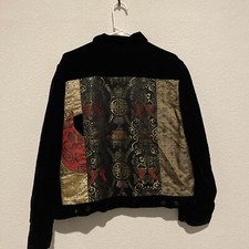 Chico s Design Velvet Button Front Jacket Patchwork Embroidered Beaded Size 2