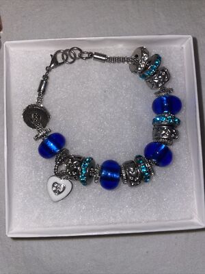 Silver Tone Charm Bracelet Heart Charms in Blue Shades  display picture 3