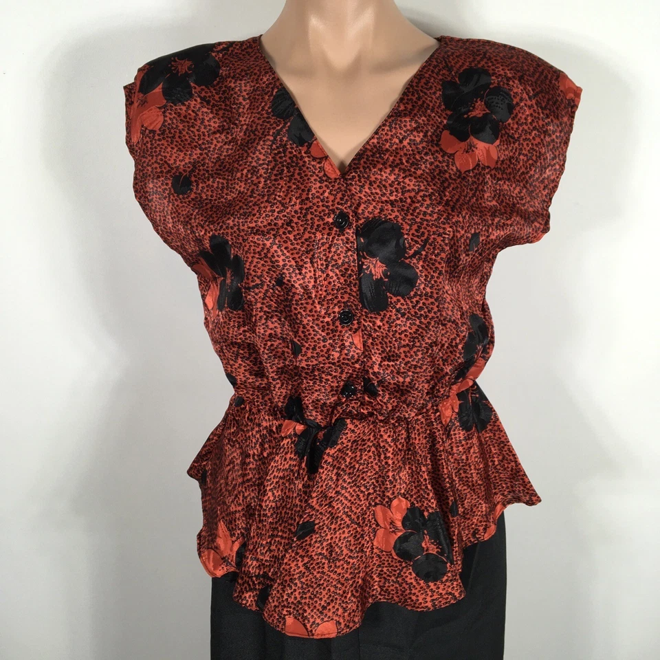 Винтажный 80-х пеплум красный цветочный шелк черный Shealth сексуальное платье гранж готики EUC Sz S - Изображение 4 из 4