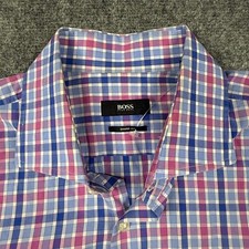 HUGO BOSS Men's Blue  Pink Plaid Sharp Fit Long Sleeve Shirt Size 17 x 34/35