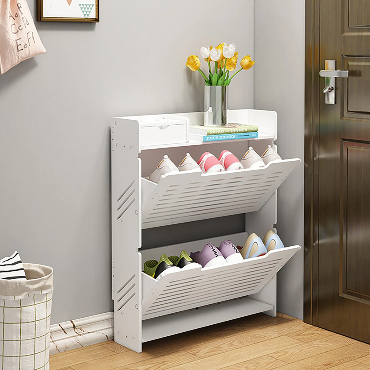 Modern Entryway White Shoe Storage Narrow Shoe Cabinet with 2 Flip Doors &  1 Drawer