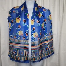 Rectangle Blue Neck Scarf Floral Stripes Accent Black Chiffon Silky Fabric 13x64