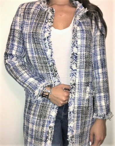 ZARA BLUE ECRU BLACK CHECKED FRAYED FROCK COAT SIZE XS - Picture 6 of 18