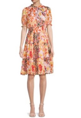 Estellina Floral Metallic Smocked Waist Dress Size L