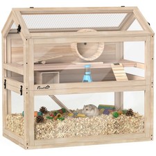 Wooden Hamster Cage, 3-Tier Small Animal Cage with Hut, Seesaw, Ramps