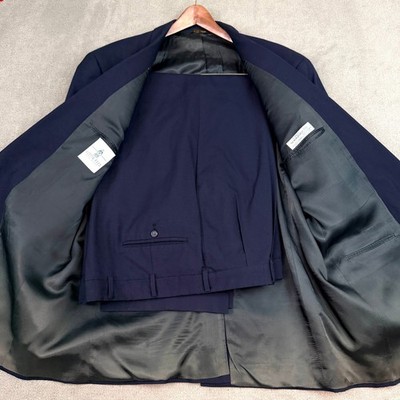 Austin Reed Mens Navy Blue Wool 2 Button Suit Blazer Pleated Cuffed Pants Set