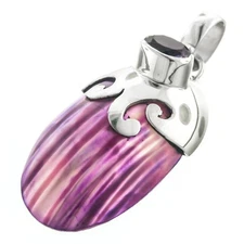 925 Silver 2ct Amethyst Purple Mother Of Pearl Turbo Shell Pendant, 1 3/4"