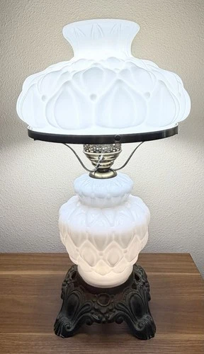 Antique 1940s Hedco Milk Glass Lamp Hurricane Table GWTW 3-way Quilted 3001