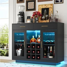 Wine Bar Cabinet with LED Lights, Coffee Bar Cabinet with Wine and Glass Rack...