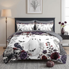 Full Halloween Comforter Set with Sheets, 7 Pieces Ghost Bedding