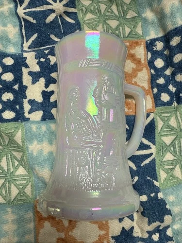 Vintage Federal White Milk Glass Beer Stein/ Mug with Embossed Bar Pub Scene 