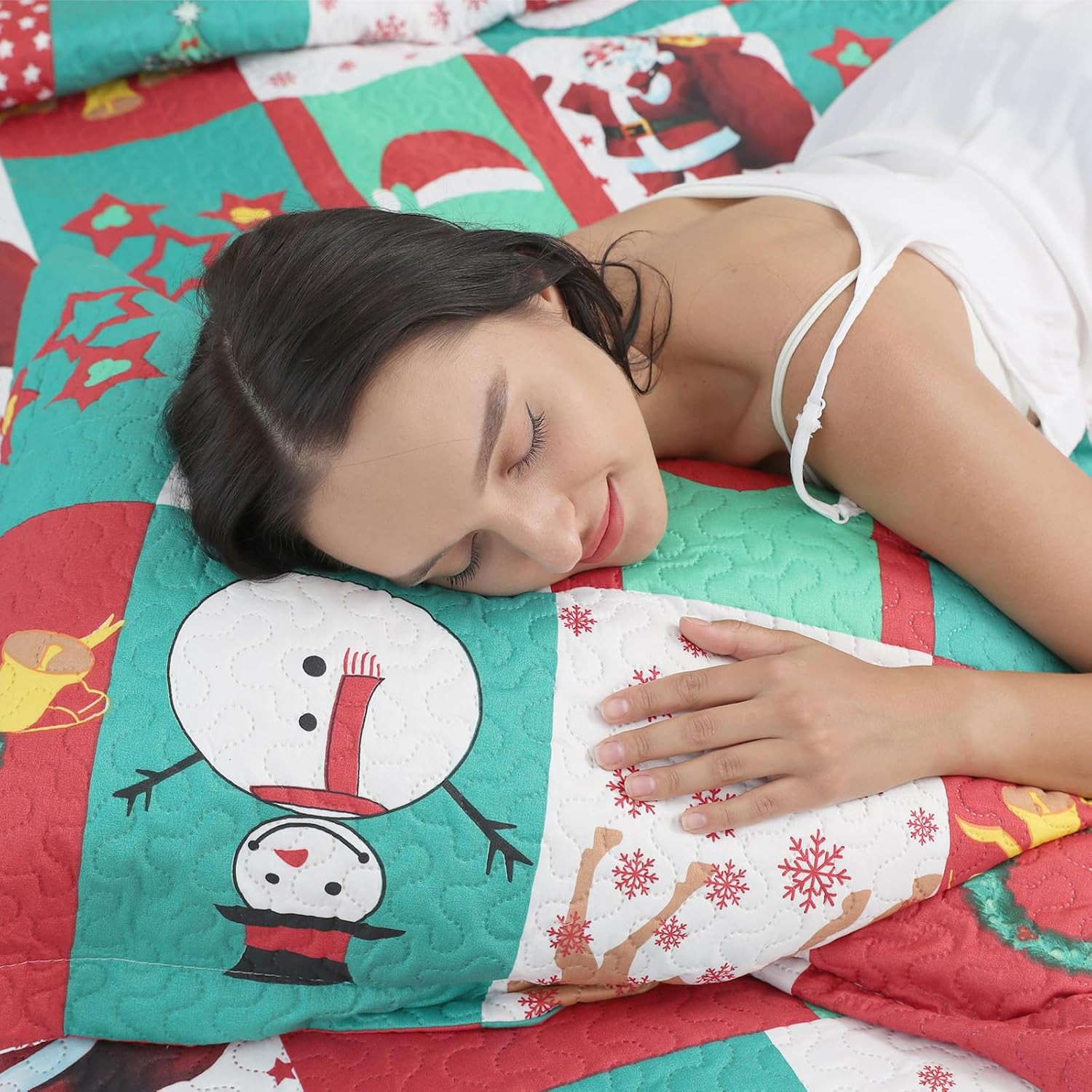 King Size Christmas Quilt Set, Santa Claus Reindeer Bedspread with 2 Pillow Sham