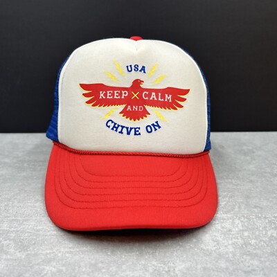 USA Keep Calm And Chive On Trucker Hat Ball Cap SNAPBACK Mesh Back Red White Blu