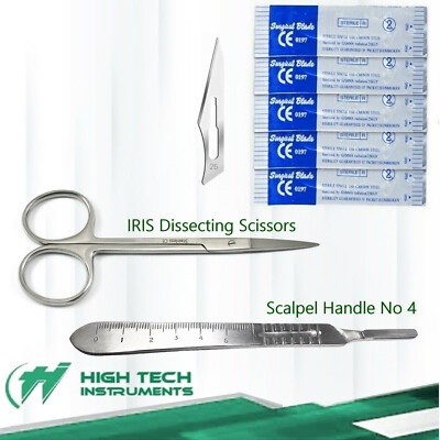 IRIS Micro Scissors Straight 4.5'' + Scalpel Handle #4 + 10 Surgical Blades #25
