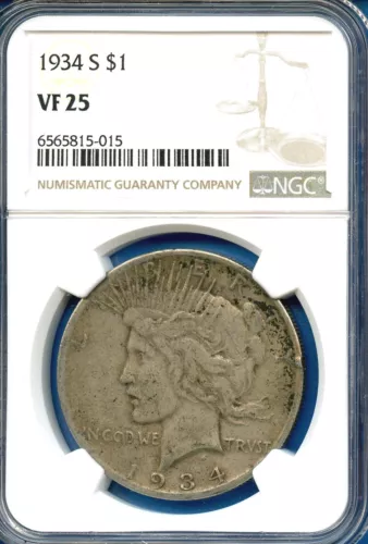 1934 S NGC VF25 Peace Silver Dollar $1 US Mint Rare Key Date Coin 1934-S VF-25