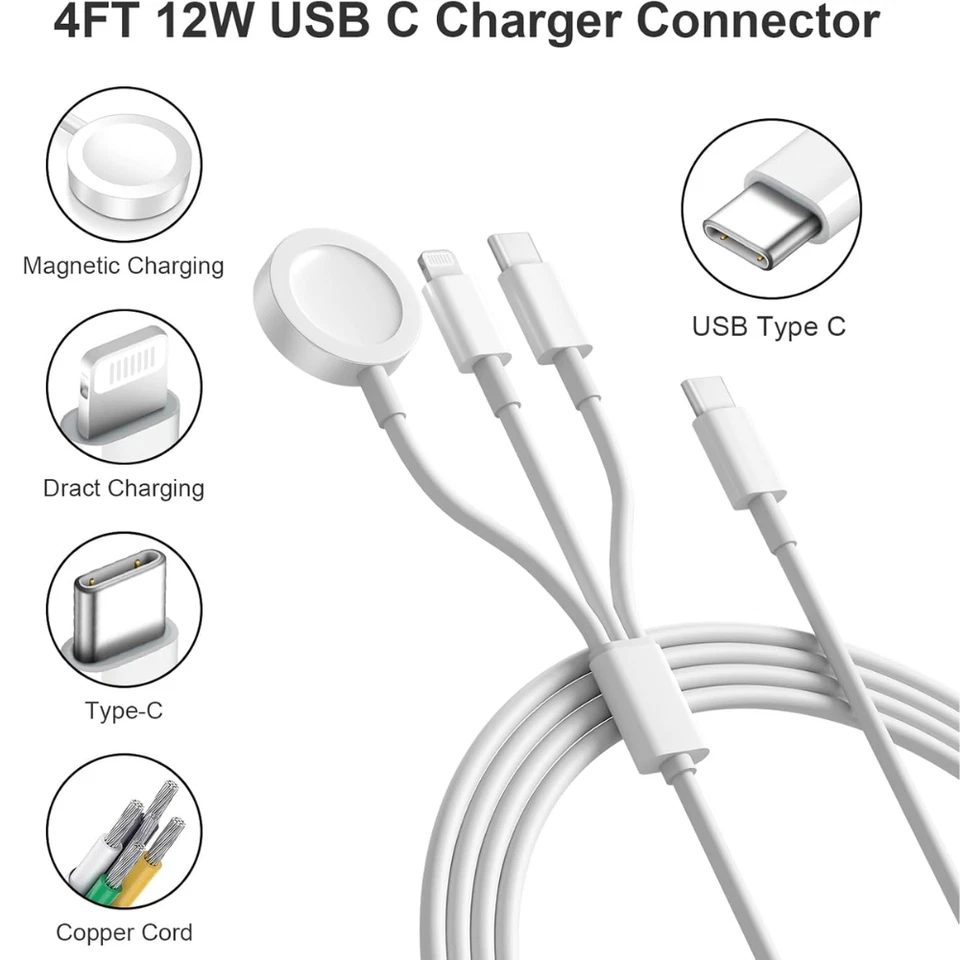 3 in 1 For iPhone Apple Watch Magnetic Fast Charger USB C Cable With 20W PD Cube - Image 3 of 4
