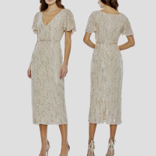 NWT Mac Duggal Midi Dress 93591 Ivory Beaded V-neck Flutter Sleeve Tea Length 10