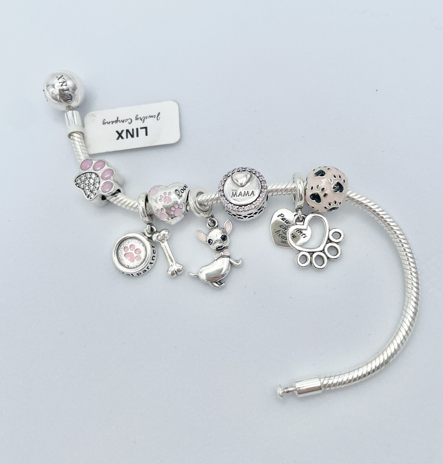 Linx Silver Snake Chain Bracelet with Chihuahua Mama Charms 925 Sterling Silver