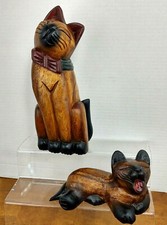 Hand Craved Wooden Hand Painted VTG 2 Siamese Folk Art Cat Statue Home D cor