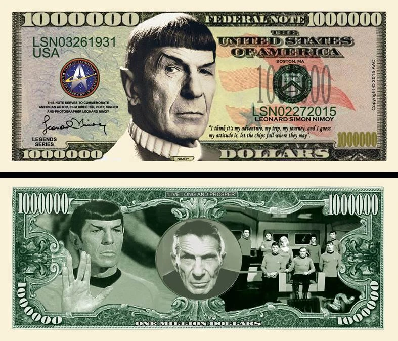 LEONARD NIMOY / SPOCK - BILLET MILLION DOLLAR US ! STAR TREK Enterprise Série SF