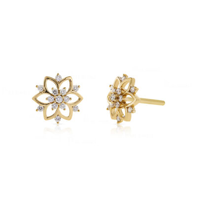 14K Gold Genuine Diamond Flower Design Studs Earrings Gift For Her 