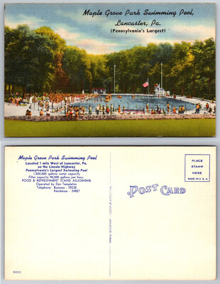 Maple Grove Park Swimming Pool, Lancaster PA, Vintage Linen Postcard