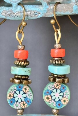 Bronze, Groovy Green and Orange Flower Bead Earrings.