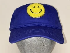 NWT Blue Old East Main Co. Fuzzy Yellow Smiley Face Washed Cap Hat