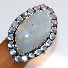 925 Silver Plated Rainbow Moonstone Ring US 10 Graceful Jewelry Trendy GW