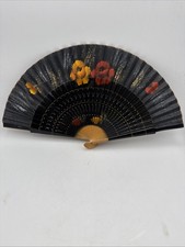 Vintage Black Pleated Folding Fan - Painted Floral Fabric - Spain