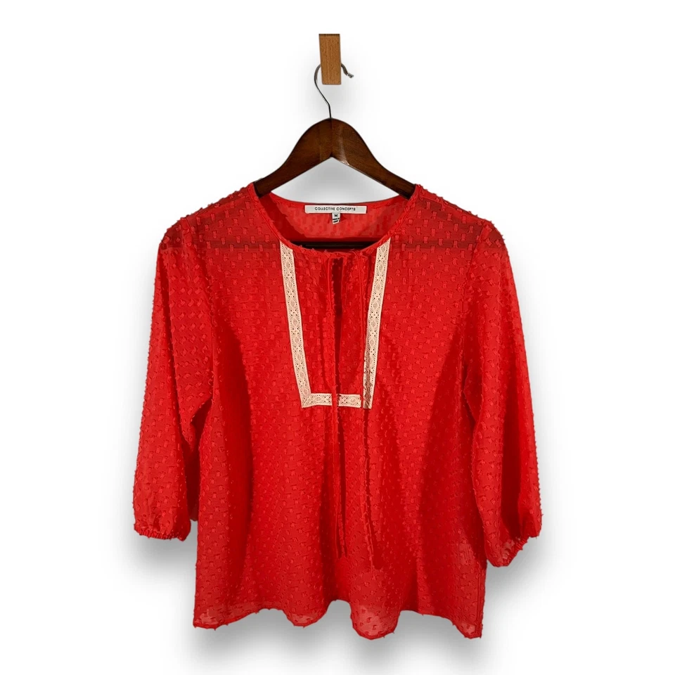 Top Collective Concepts Boho Campesino Punto Suizo Corbata Cuello Mujer’s Talla Mediana Foto 2 de 4