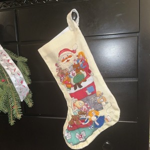 VTG Santa Toys Christmas Stocking Crewel Embroidery Handmade Yellow Bucilla