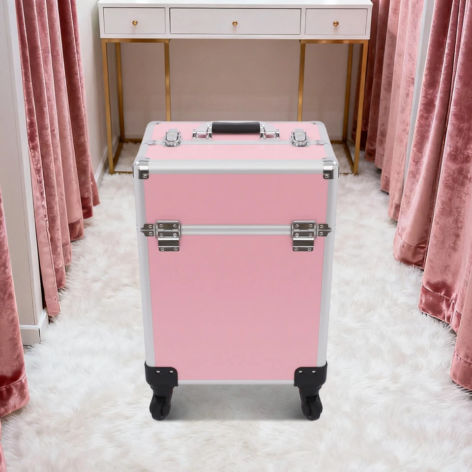 Estuche de tren de maquillaje rodante rosa carro de cosméticos organizador maquillaje estuche de viaje Foto 4 de 4