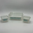 PYREX Butterprint Milk Glass Covered Dish Set of 3 White Turquoise with Lids