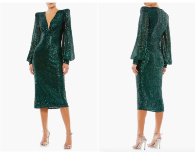MAC DUGGAL 26866 SEQUINED STRUCTURE BISHOP SLEEVE BLACK EMERALD MIDI DRESS  sz 8