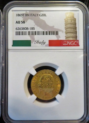 1865T BN Italy Gold 20 Lire NGC AU58 * FREE Shipping * - Picture 5 of 10
