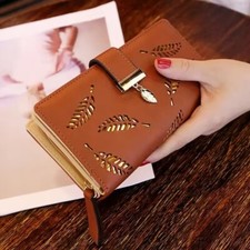 Fashion Golden Hollow Wallet Faux Leather Coin Purse Multi Card Holder brown