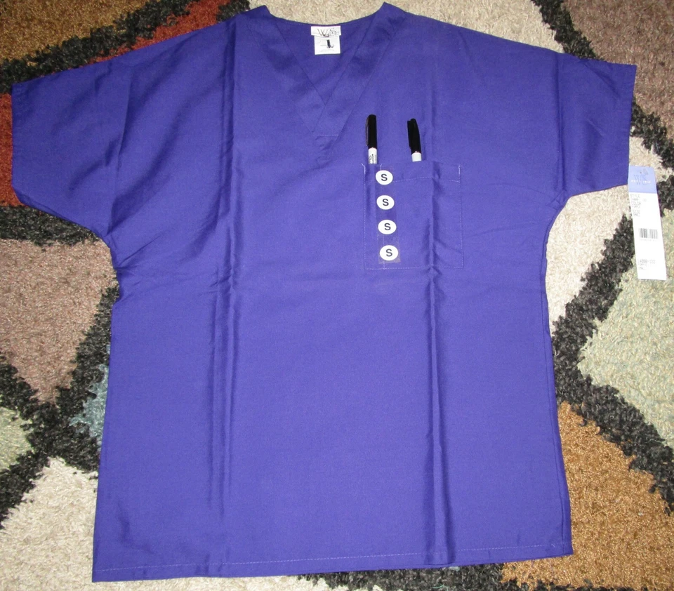 3 Pc White Swan Unisex V Neck Top Pocket Scrub Top Sz S 14000 Tan Ivy Purple - Image 2 of 4