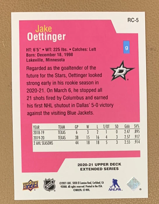 2020-21 UPPER DECK EXTENDED SERIES #RC-5 JAKE OETTINGER ROOKIE CLASS SCRIPT RC - Image 2 of 2
