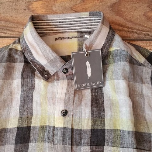 New Michael Bastian Linen Shirt Size S Gray Yellow Plaid Button down Casual S/S - Picture 3 of 8