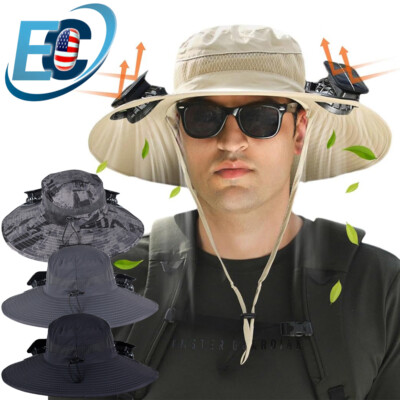 Outdoor Wide Brim Sun Hat with 2 Solar Fan UV Protection Hiking Camping Fishing