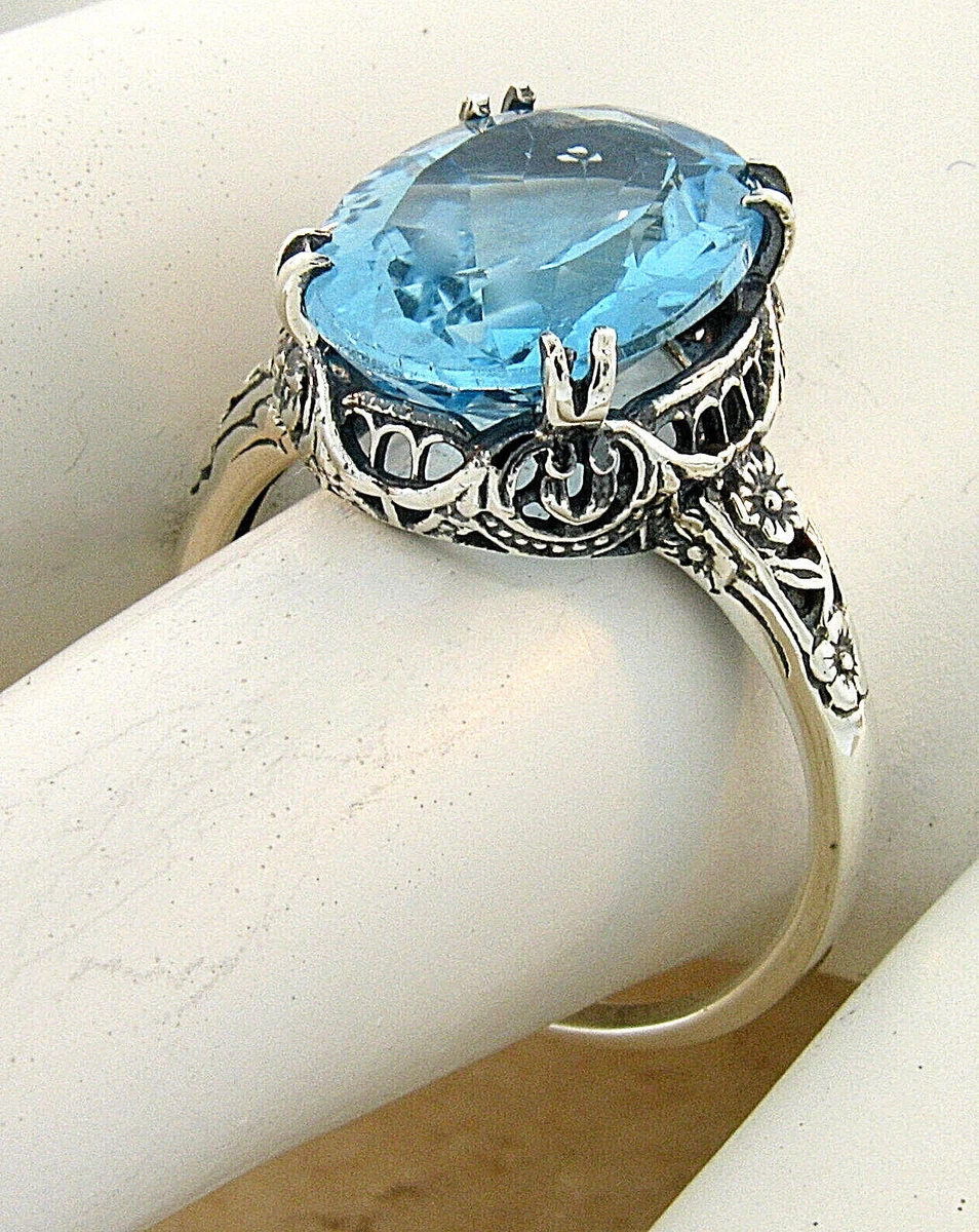 GENUINE 6 CARAT BLUE TOPAZ 925 STERLING SILVER NOUVEAU ANTIQUE