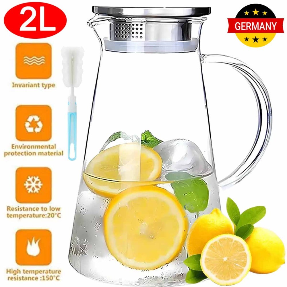 Glaskrug mit Deckel Griff Krug Wasserkrug aus Glas Glaskaraffe Saftkrug 2 Liter
